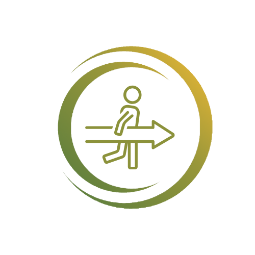 Icon: Persönliche Weiterentwicklung. Ein Mensch hält einen großen Pfeil nach rechts unter dem Arm und läuft nach rechts. 