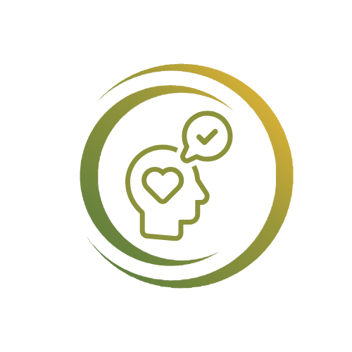 Icon: Innere Blockaden lösen. Grundriss eines Kopfes, der nach rechts schaut. Im Kopf ein Herz, über dem Kopf eine Sprechblase mit Häkchen.