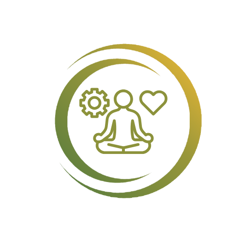 Icon: Work-Life-Balance und Stressbewältigung. Umriss eines Menschen, der im Schneidersitz sitzt und die Hände auf dem Schoß hat. Links neben dem Kopf ein Zahnrad, rechts neben dem Koop ein Herz.